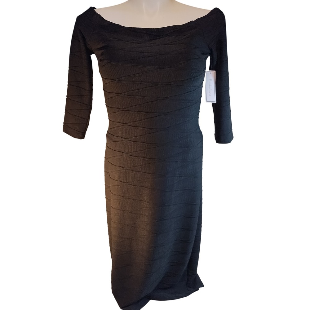 Premier Amour Black Textured Off Shoulder Bandage Sheath Dress Gold Zipper SZ 10